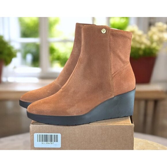 Vionic Skylar Orthotic Wedge Ankle Boots 7 WIDE Cognac Suede Comfort Zip Booties - Picture 10 of 12